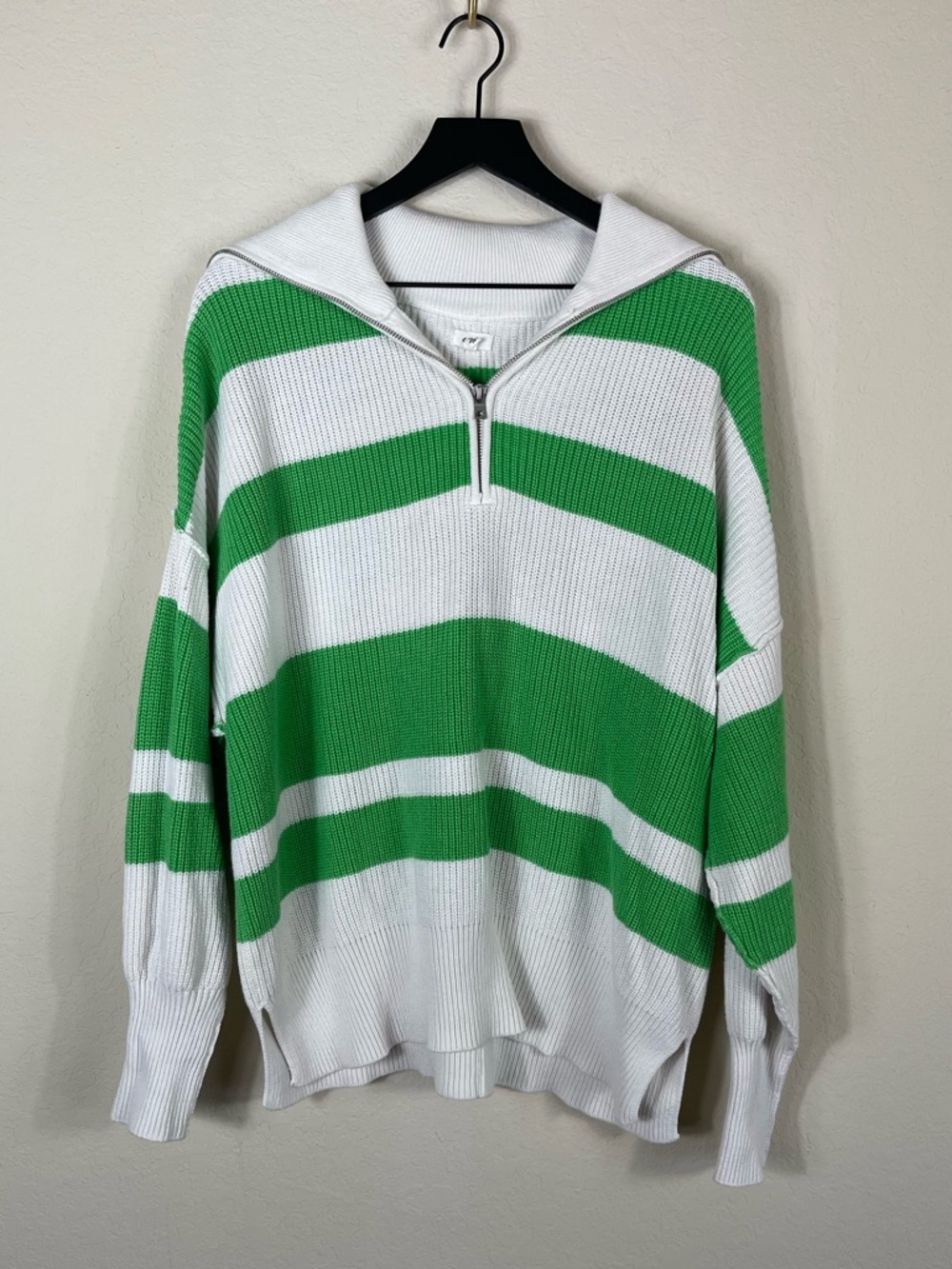 Aerie Beyond Quarter Zip Varsity Striped Polo Sweater Green Size Medium - Picture 4 of 7